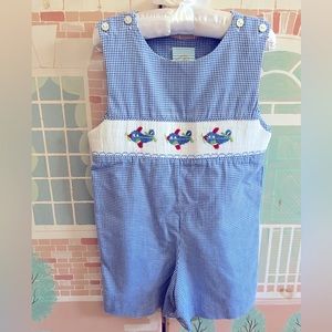 Blue Gingham Airplane Smocked John John